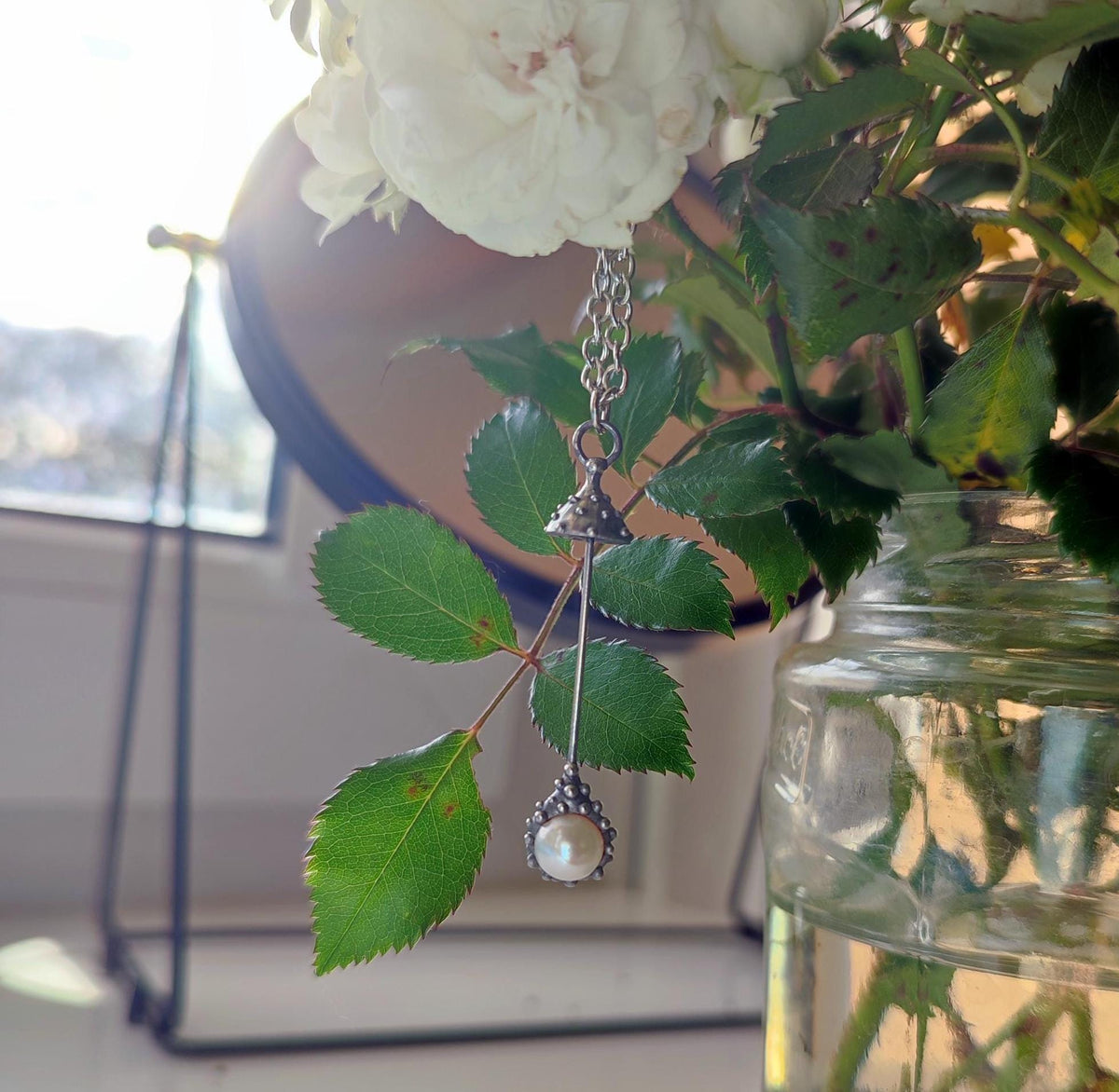 White Pearl Amanita Mushroom Necklace – Silver Tone