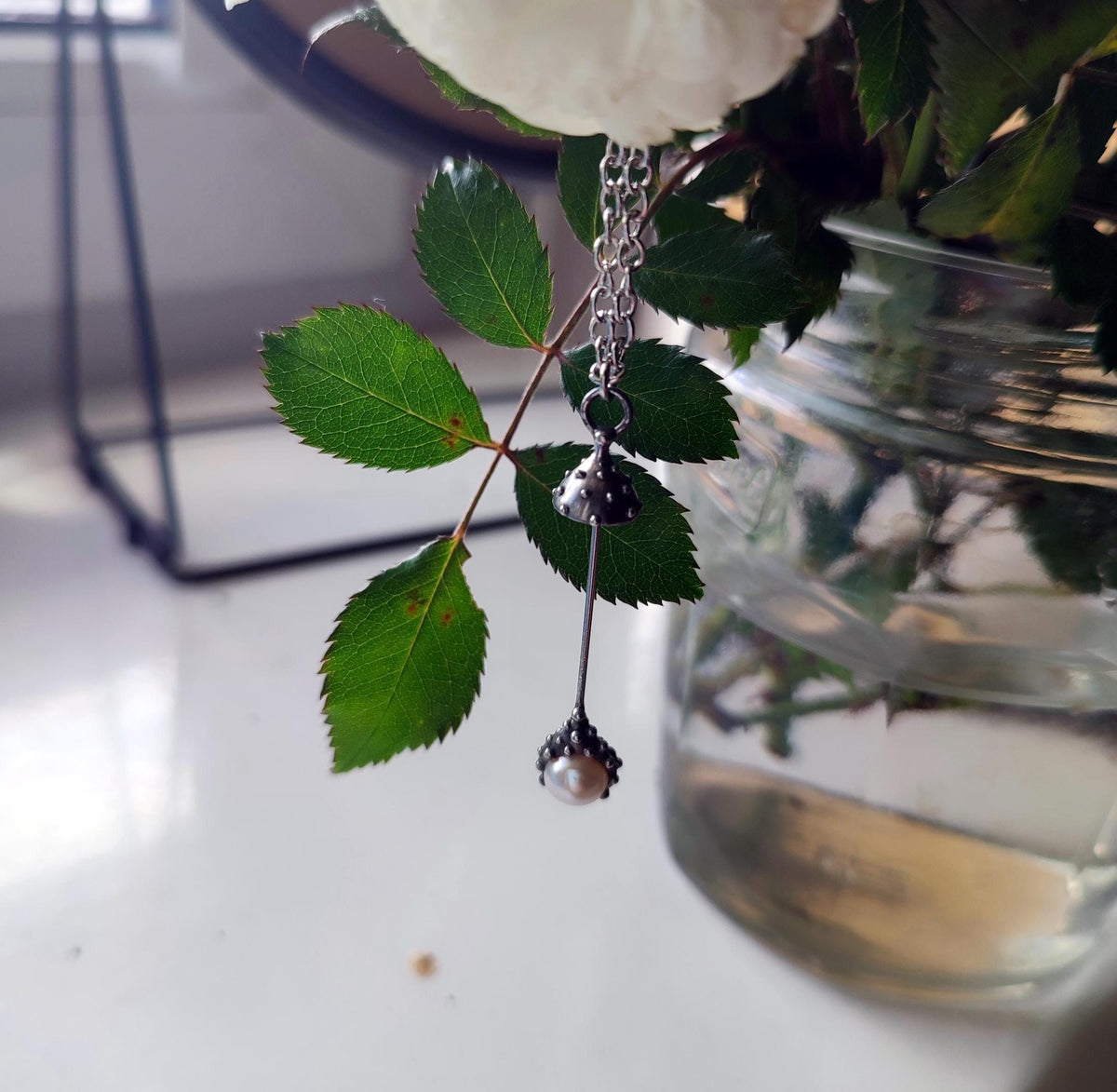 White Pearl Amanita Mushroom Necklace – Silver Tone