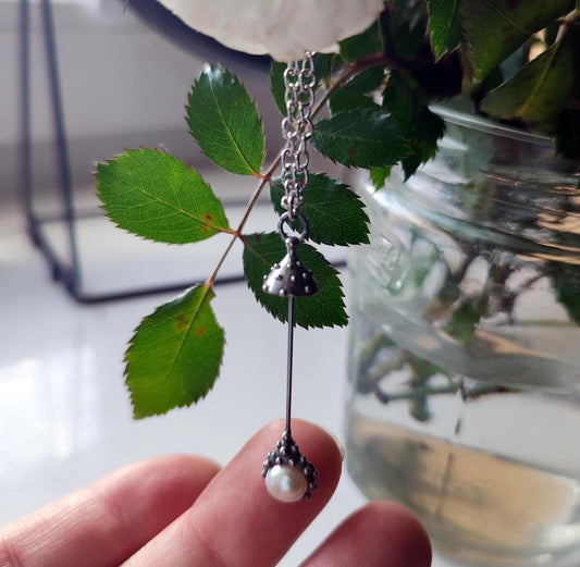 White Pearl Amanita Mushroom Necklace – Silver Tone