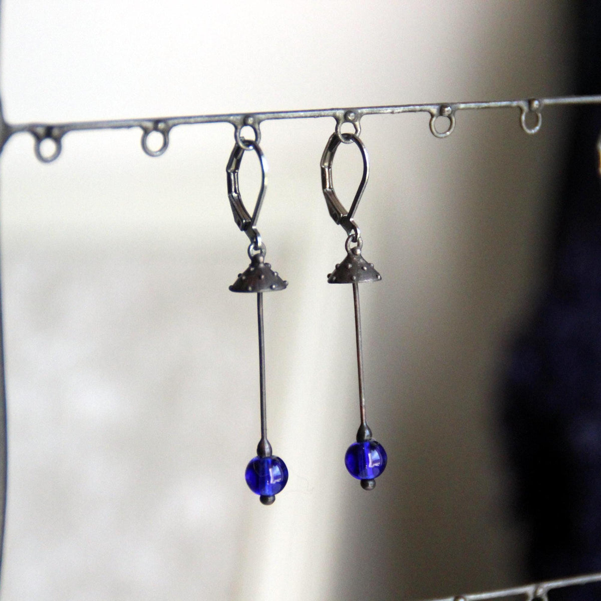 Blue Glass Amanita Mushroom Earrings – Blackened Copper