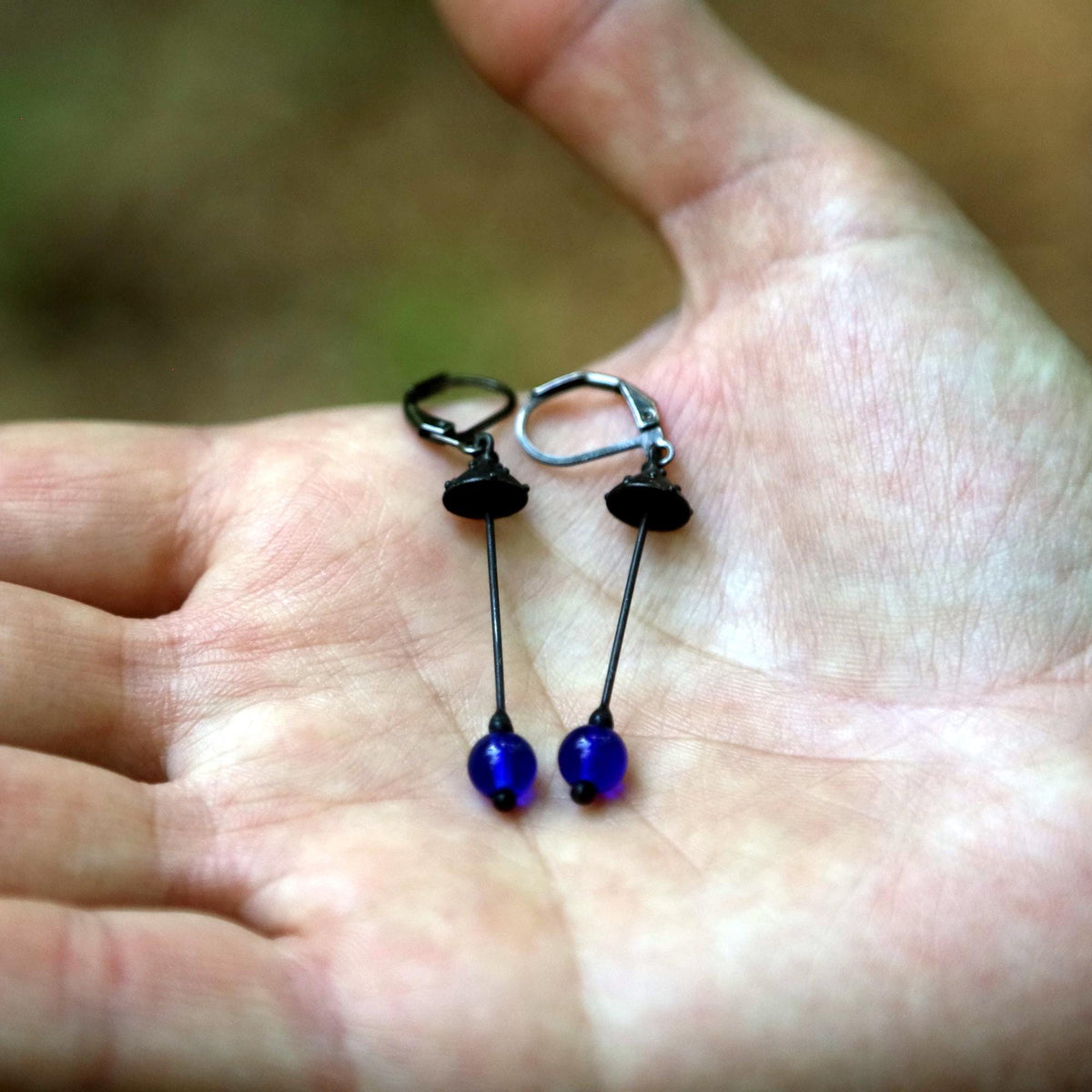 Blue Glass Amanita Mushroom Earrings – Blackened Copper