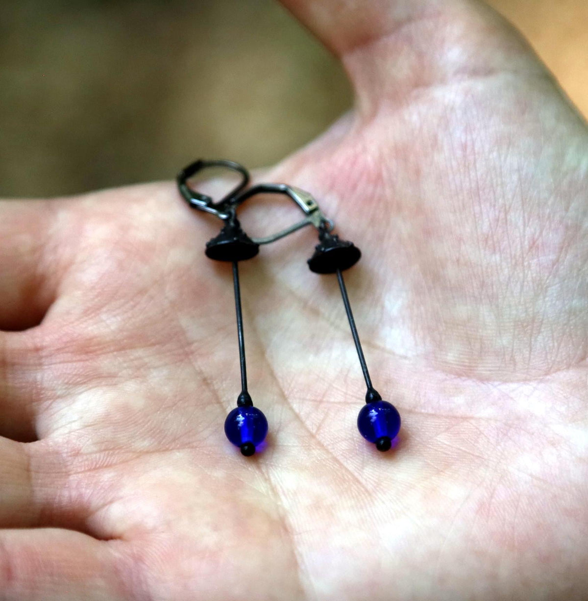 Blue Glass Amanita Mushroom Earrings – Blackened Copper