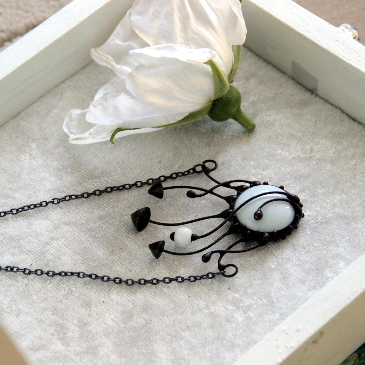White Glass Mushroom Cluster Necklace – Blackened Copper