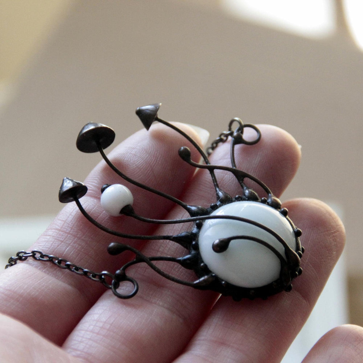 White Glass Mushroom Cluster Necklace – Blackened Copper