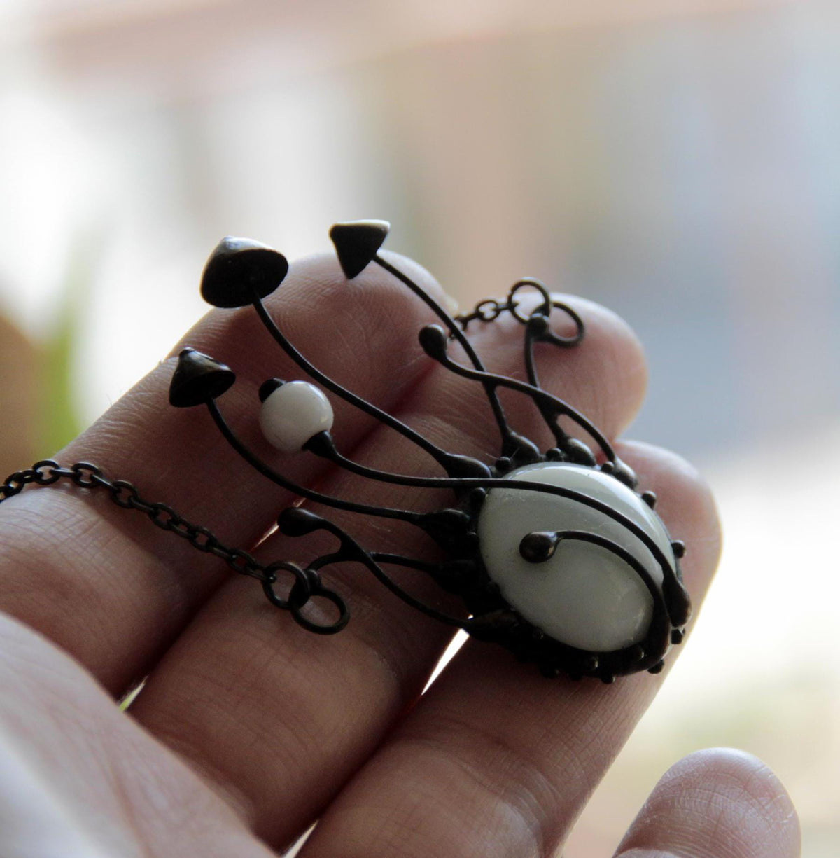 White Glass Mushroom Cluster Necklace – Blackened Copper