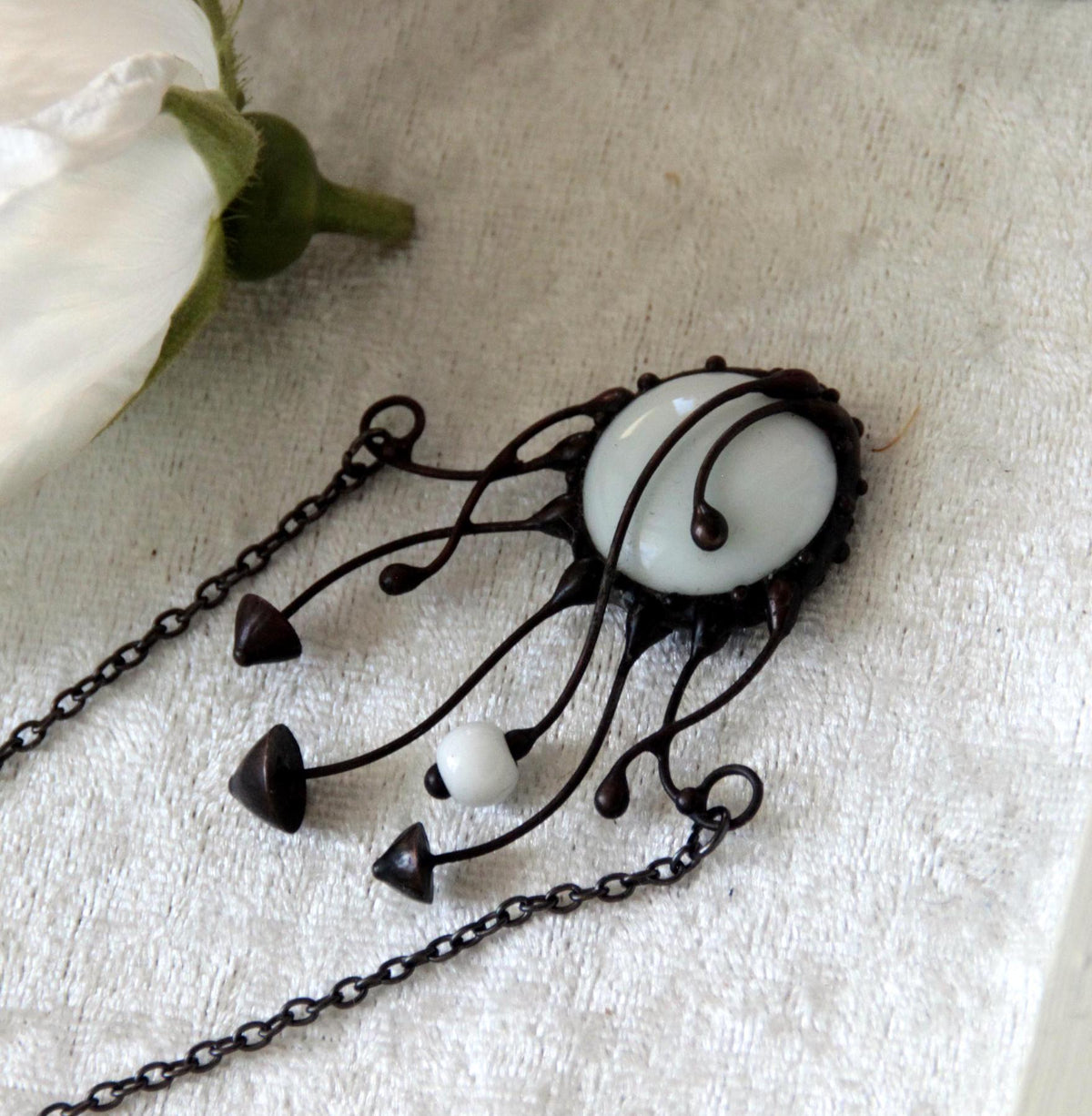 White Glass Mushroom Cluster Necklace – Blackened Copper