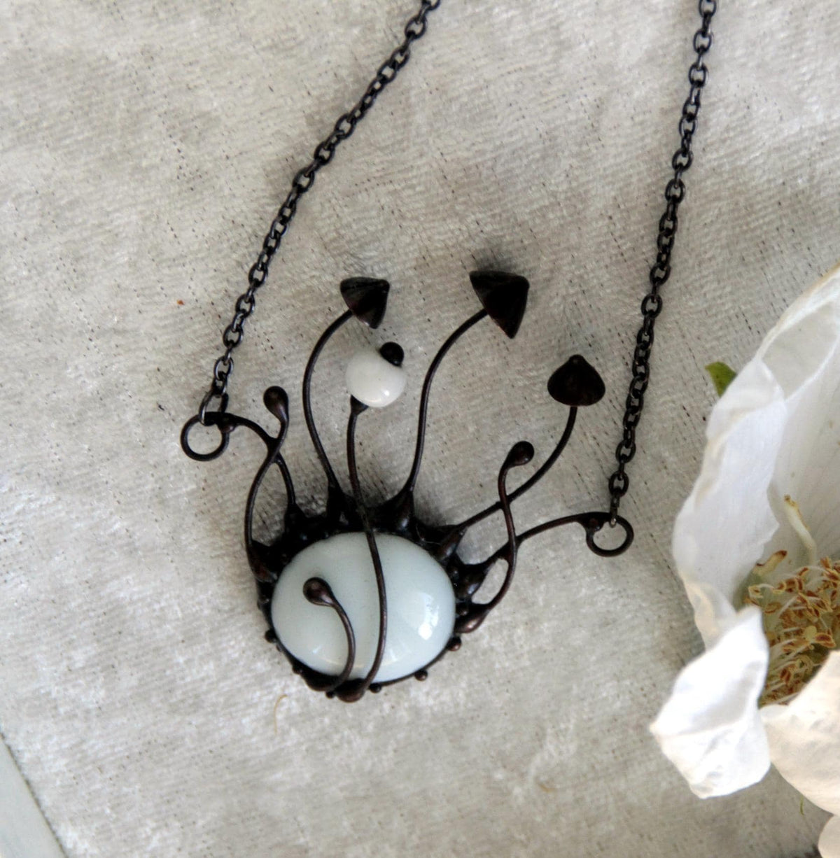 White Glass Mushroom Cluster Necklace – Blackened Copper