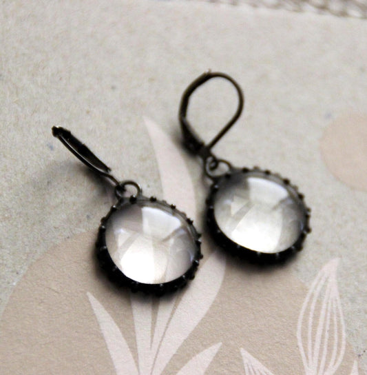 Clear Stained Glass Round Earrings – Blackened Copper