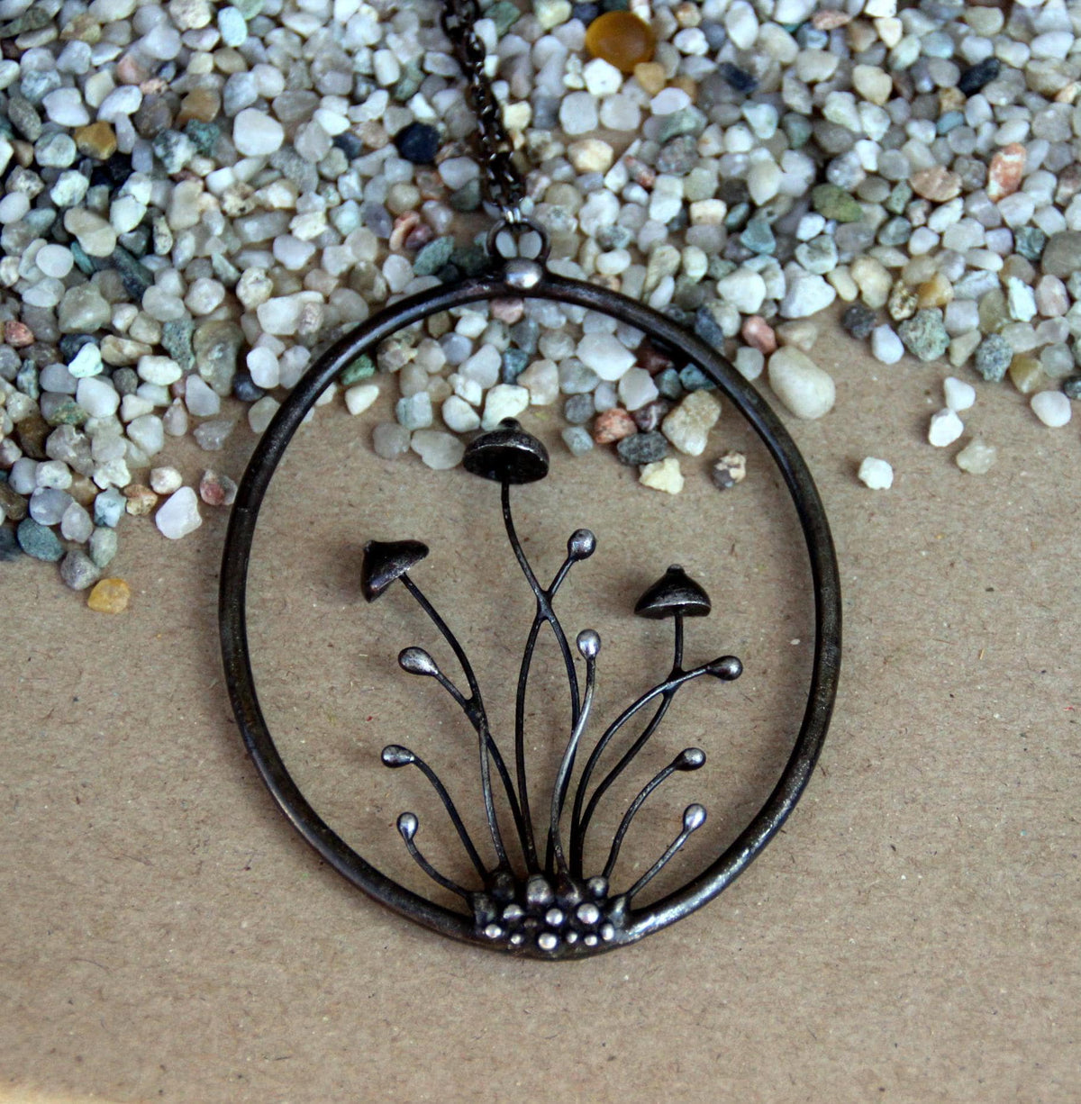 Three Mushroom Statement Necklace – Blackened Copper