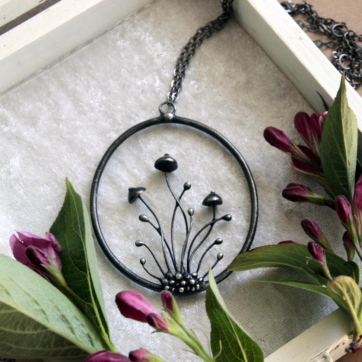 Three Mushroom Statement Necklace – Blackened Copper
