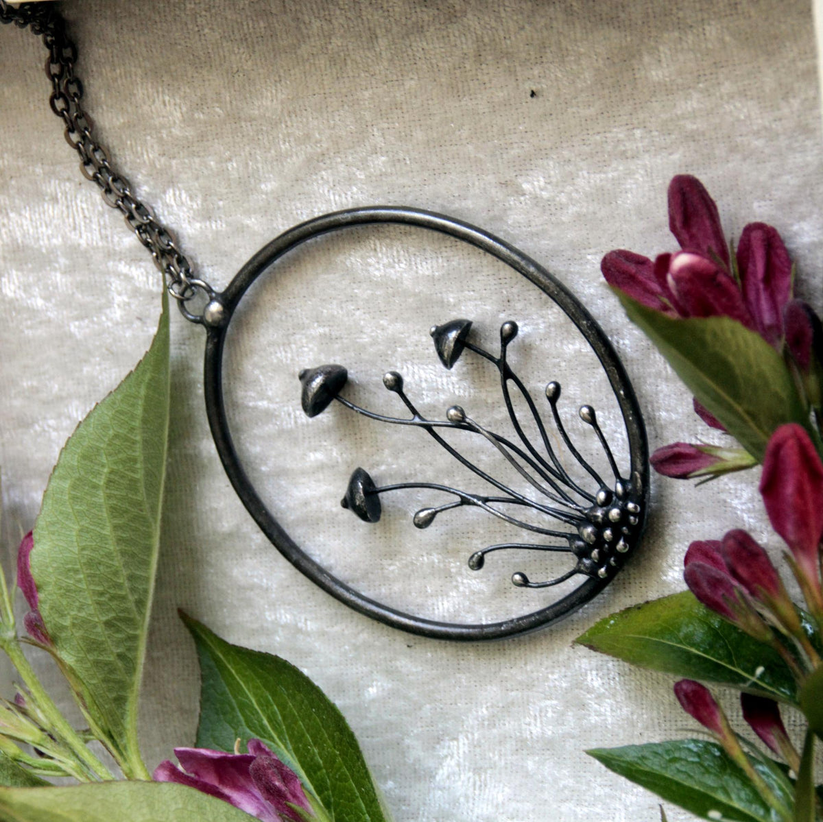 Three Mushroom Statement Necklace – Blackened Copper