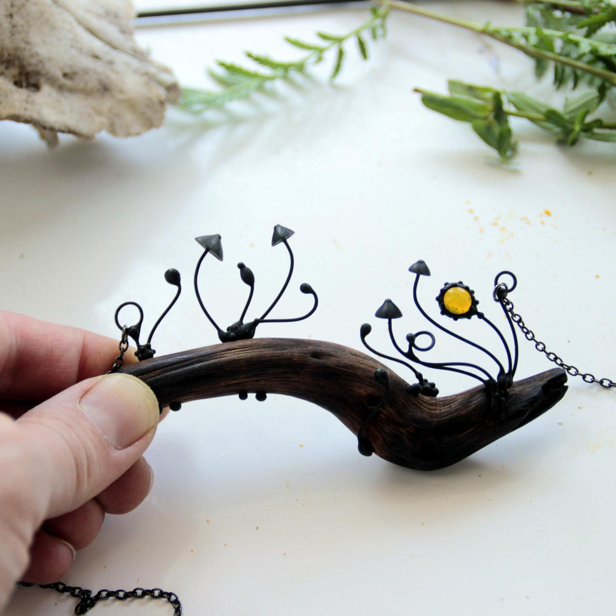 Yellow Glass Mushroom Necklace on Oak Branch – Blackened Copper