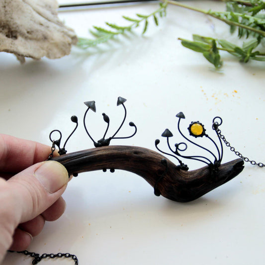Yellow Glass Mushroom Necklace on Oak Branch – Blackened Copper