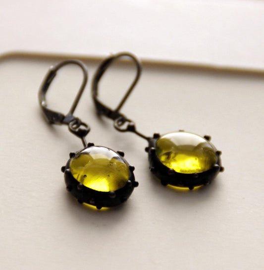 Yellow Stained Glass Drop Earrings – Blackened Copper