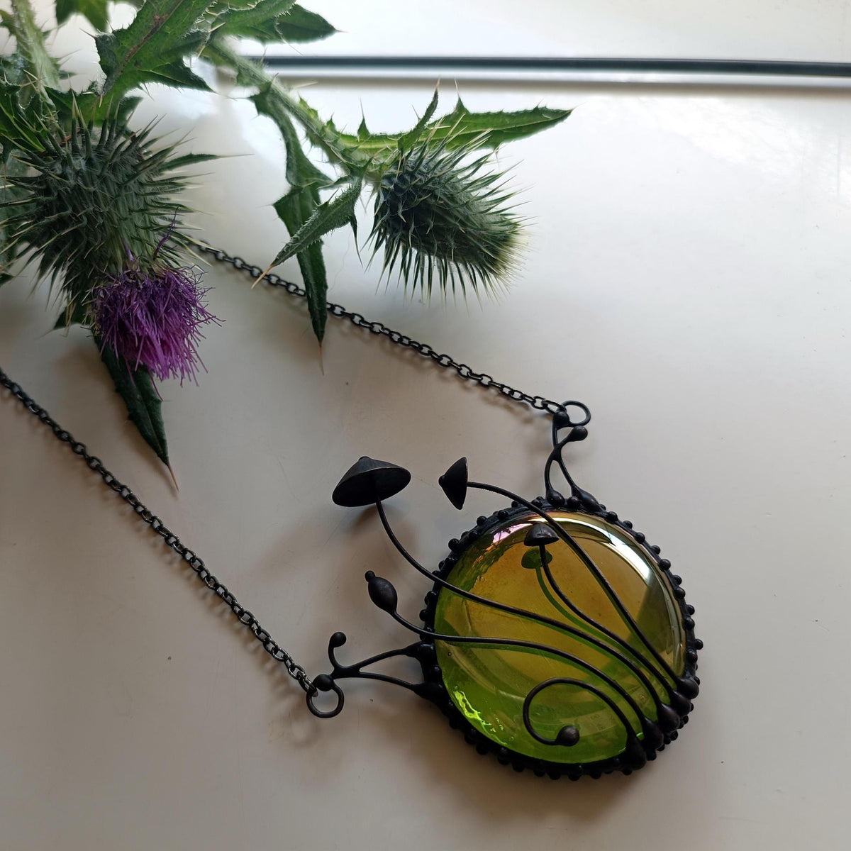 Green Stained Glass Mushroom Statement Necklace – Blackened Copper