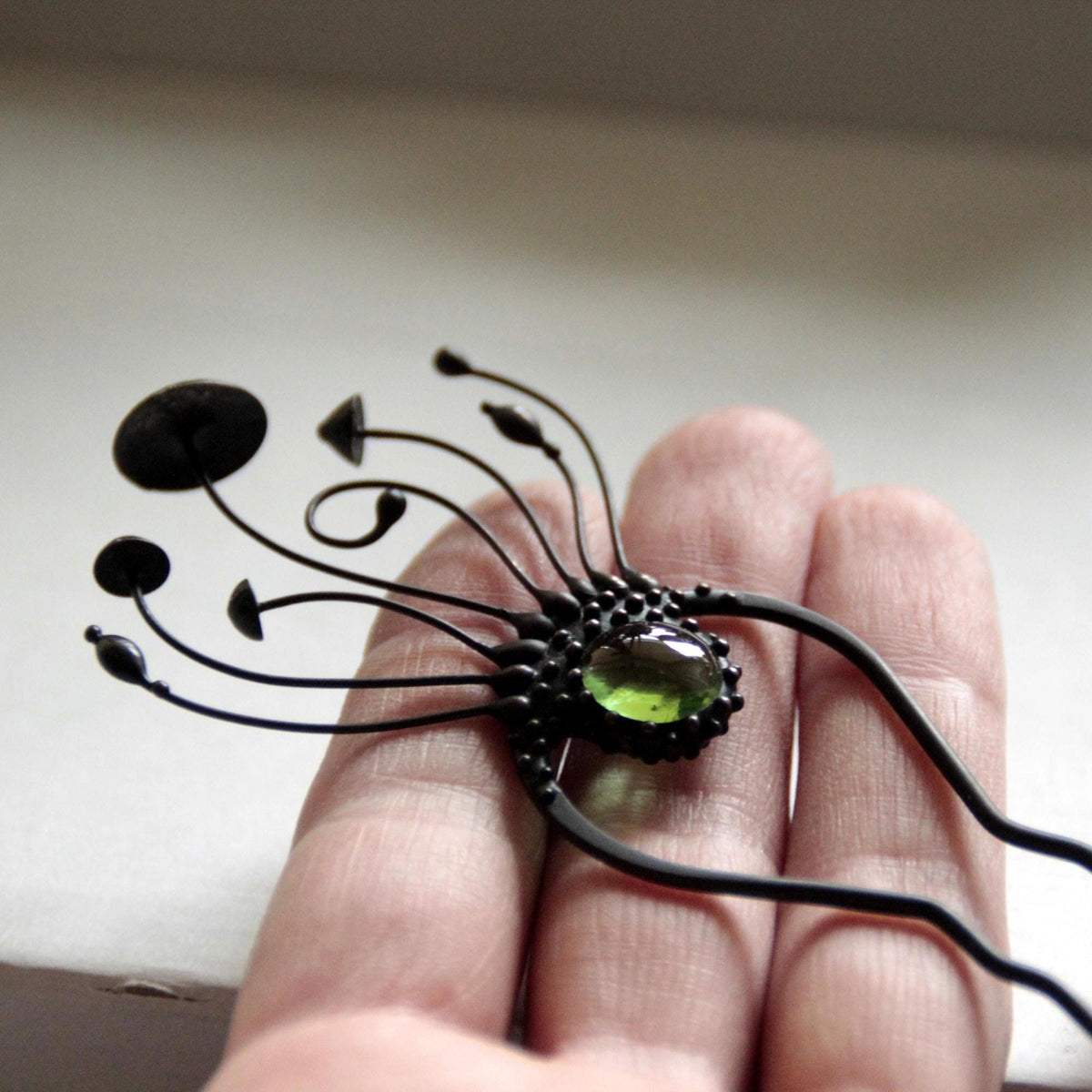 Green Glass Mushroom Hair Pin – Blackened Copper & Pewter Forest