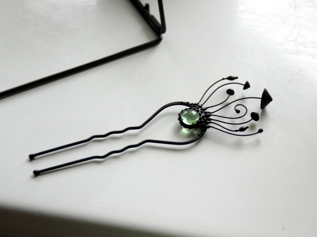 Green Glass Mushroom Hair Pin – Blackened Copper & Pewter Forest