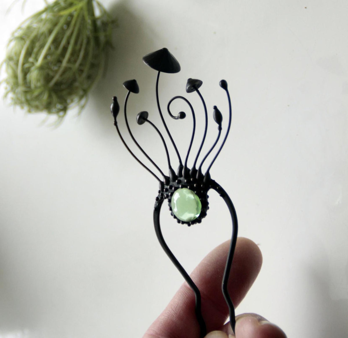 Green Glass Mushroom Hair Pin – Blackened Copper & Pewter Forest