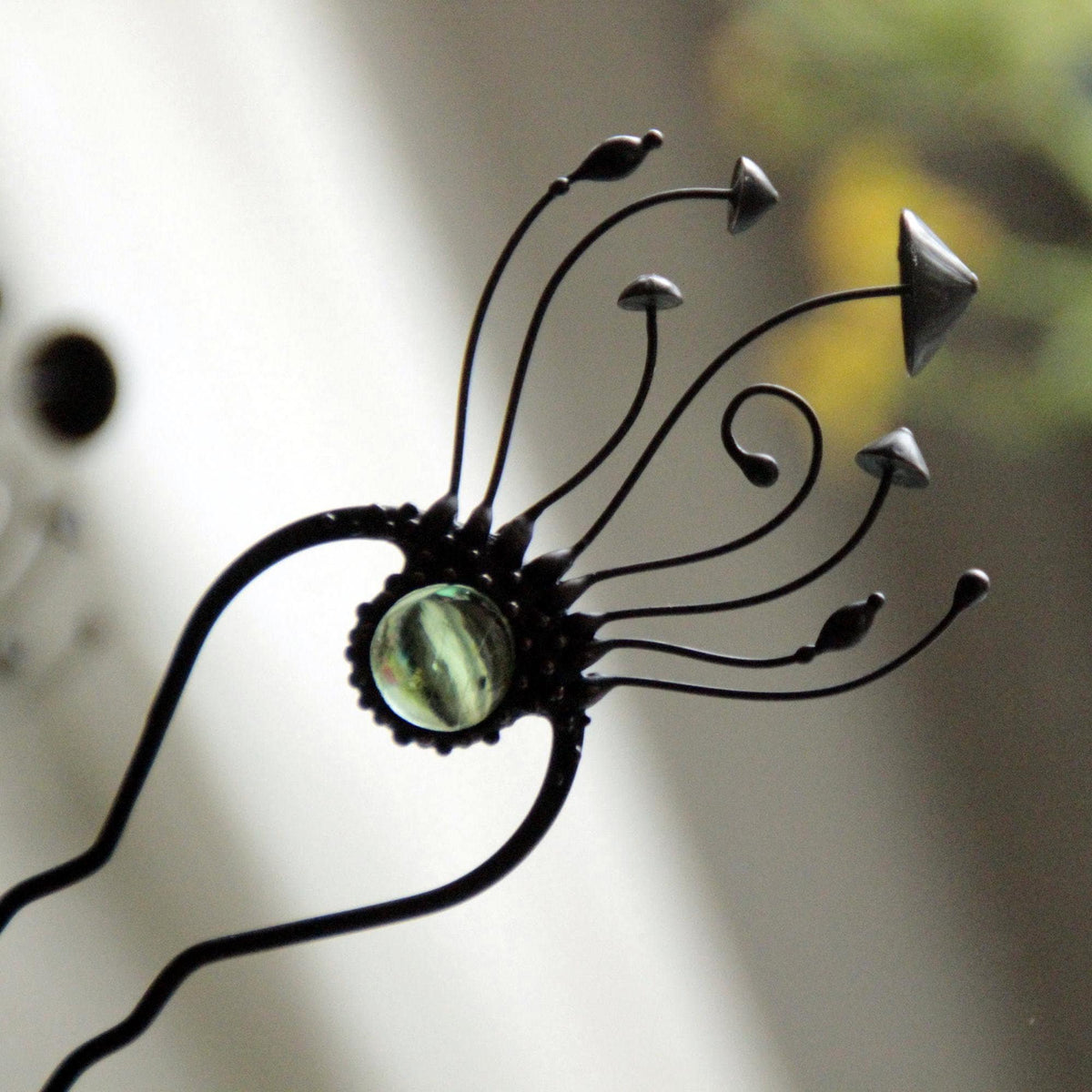 Green Glass Mushroom Hair Pin – Blackened Copper & Pewter Forest