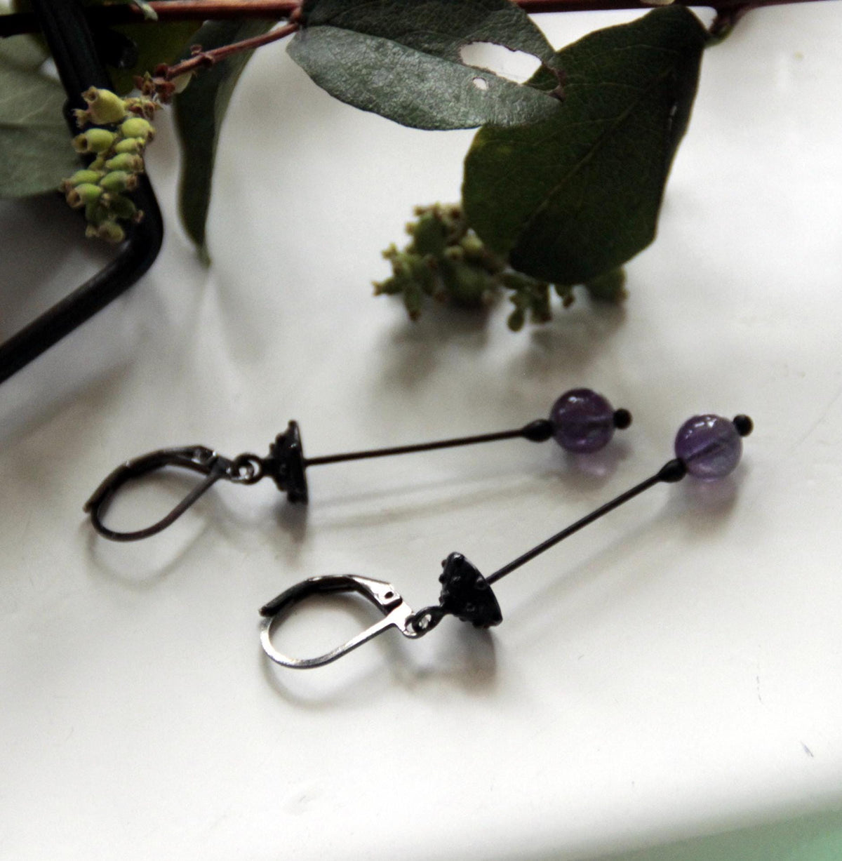 Amethyst Amanita Mushroom Earrings – Blackened Copper