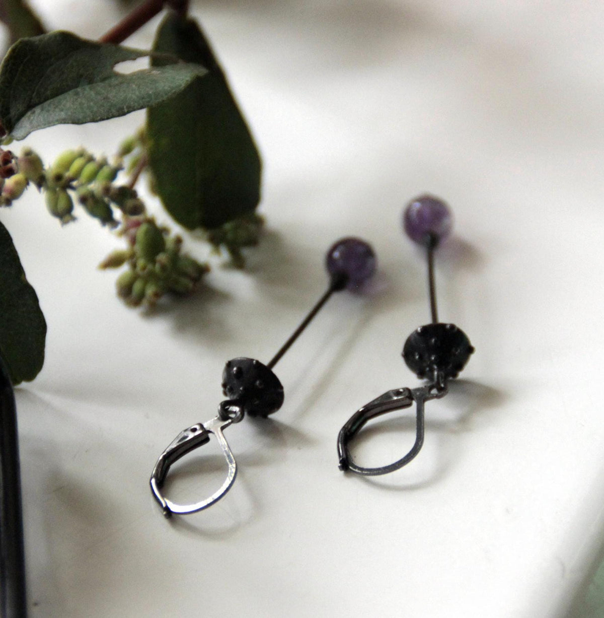 Amethyst Amanita Mushroom Earrings – Blackened Copper