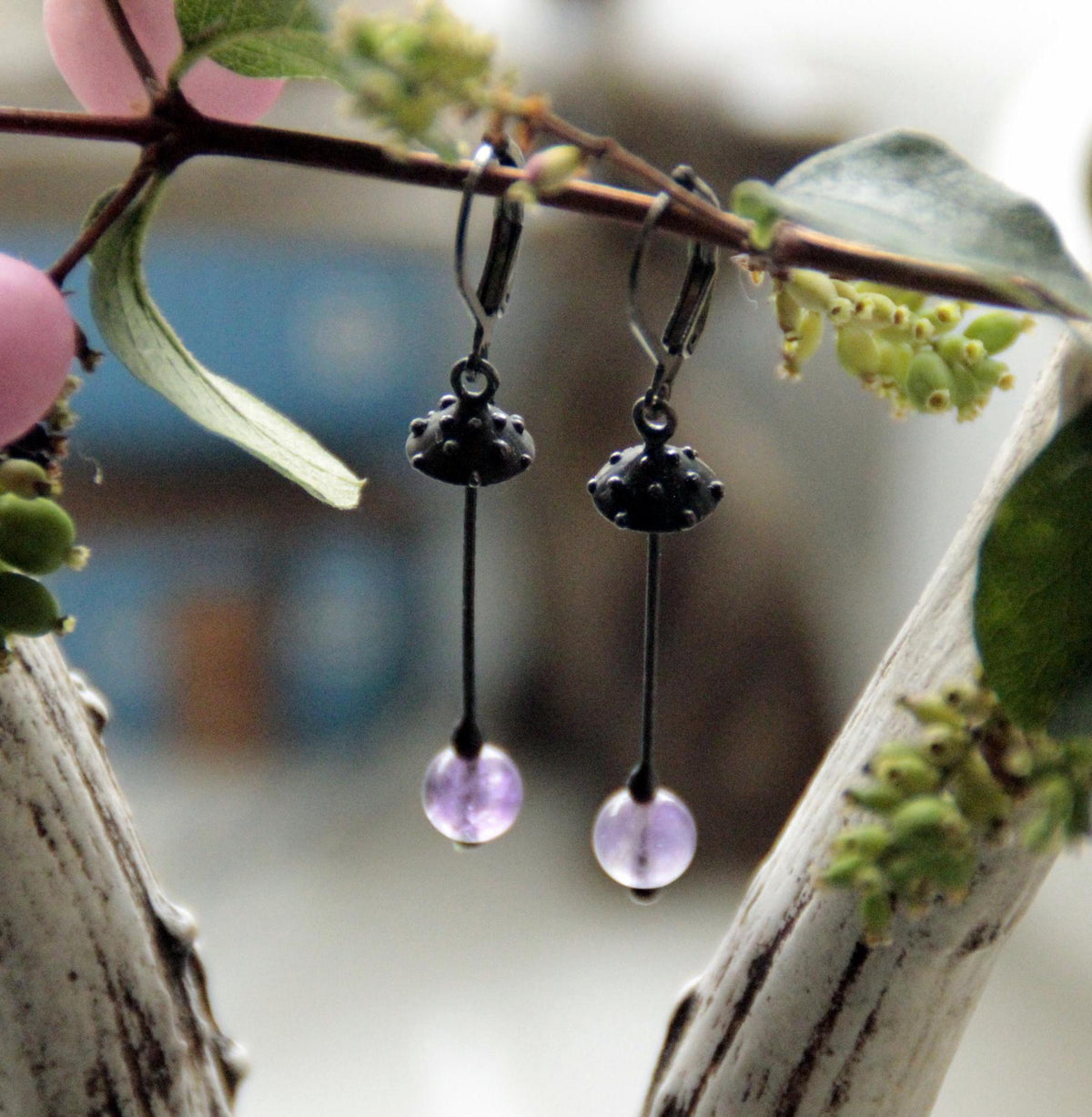 Amethyst Amanita Mushroom Earrings – Blackened Copper