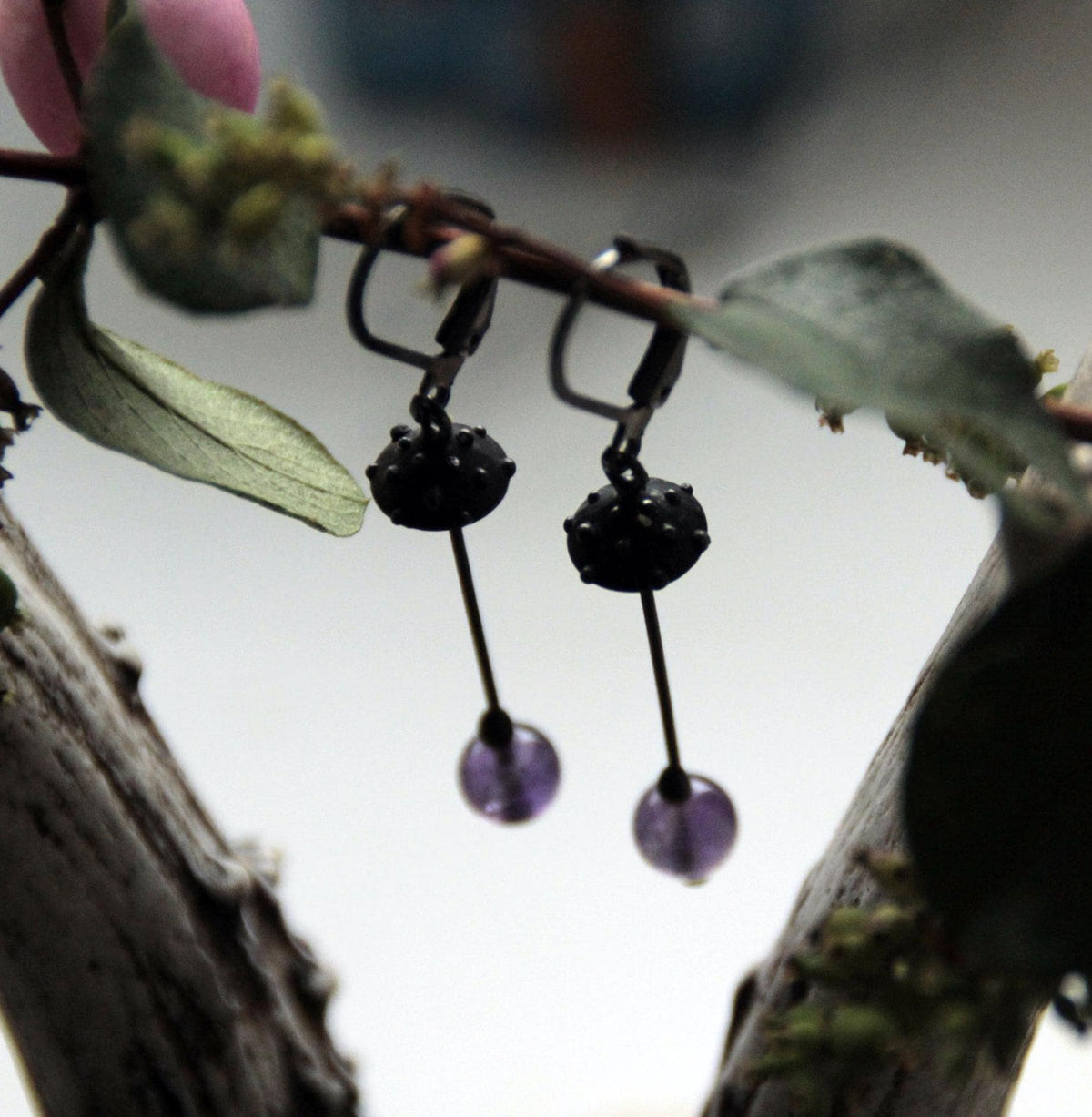 Amethyst Amanita Mushroom Earrings – Blackened Copper
