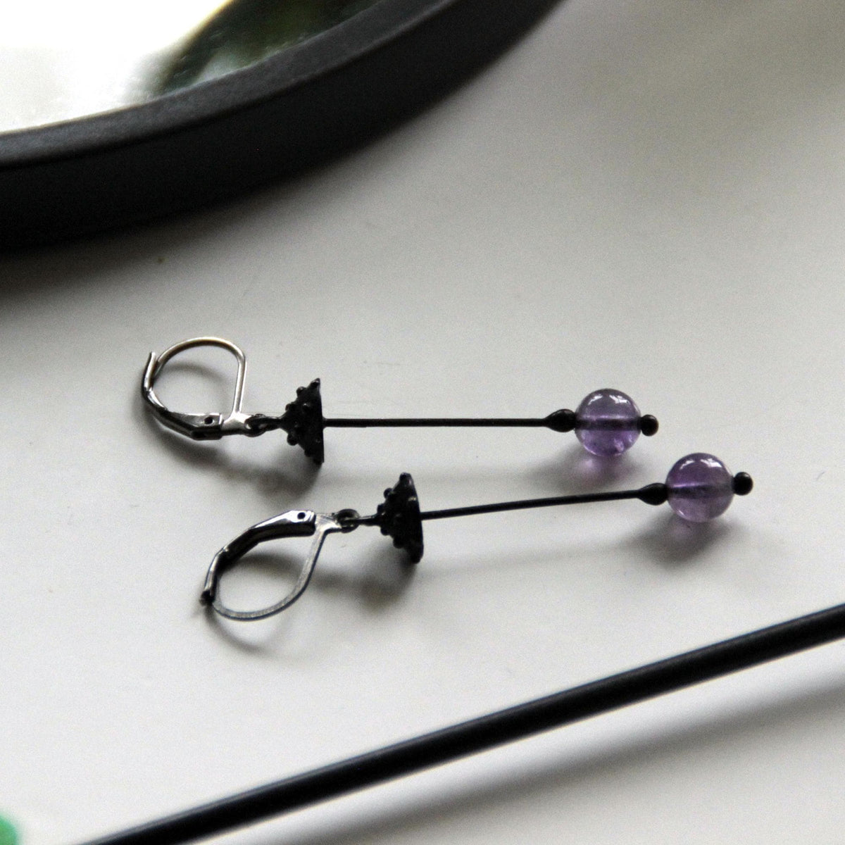 Amethyst Amanita Mushroom Earrings – Blackened Copper
