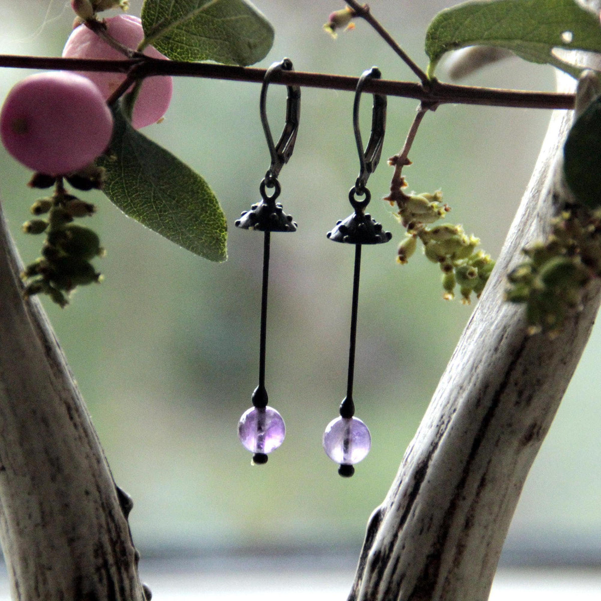 Amethyst Amanita Mushroom Earrings – Blackened Copper