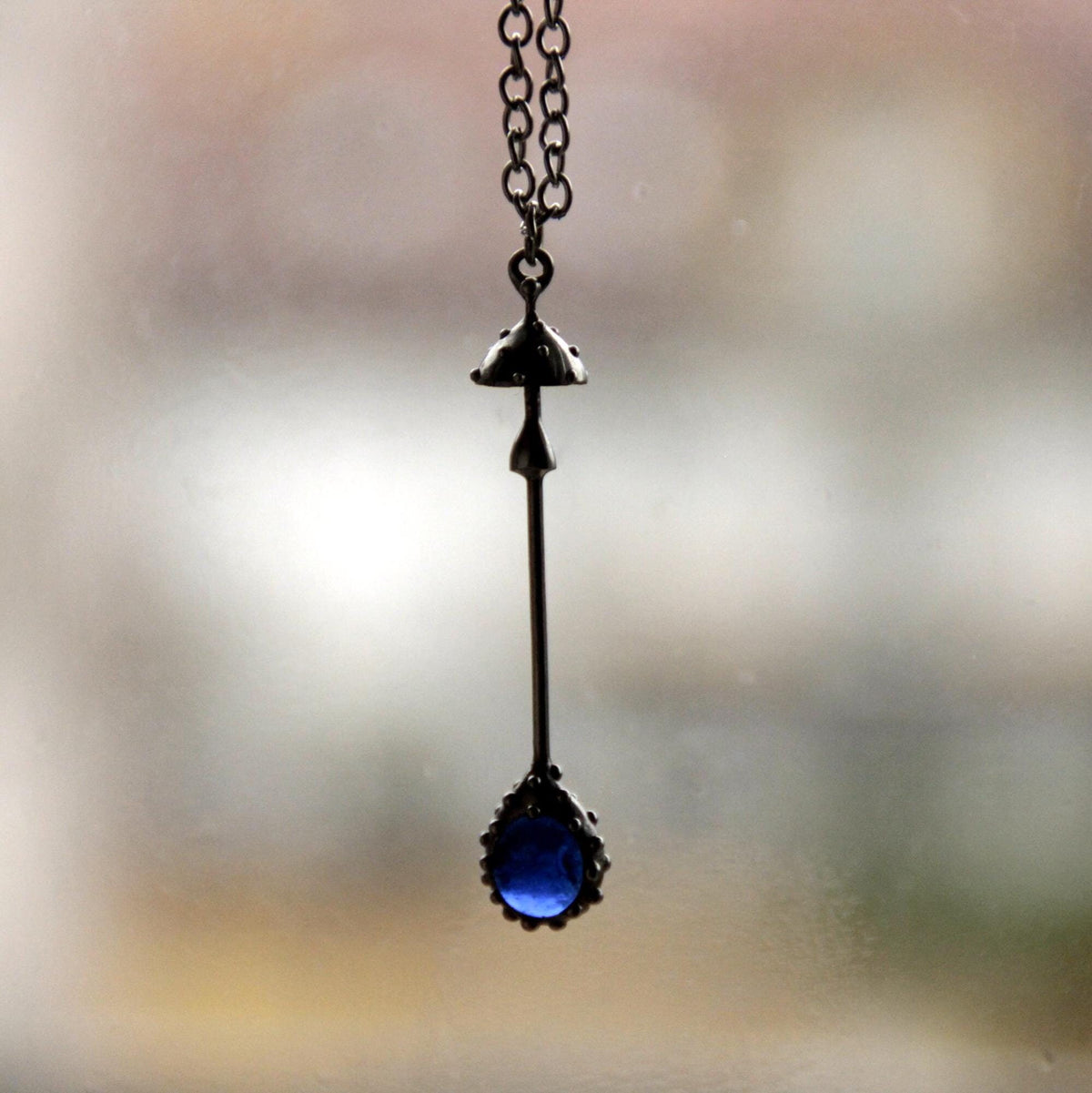 Blue Stained Glass Amanita Mushroom Necklace – Silver Tone