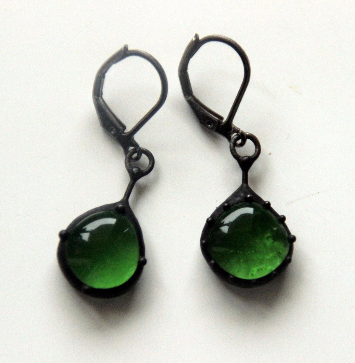 Dark Green Stained Glass Teardrop Earrings – Blackened Copper