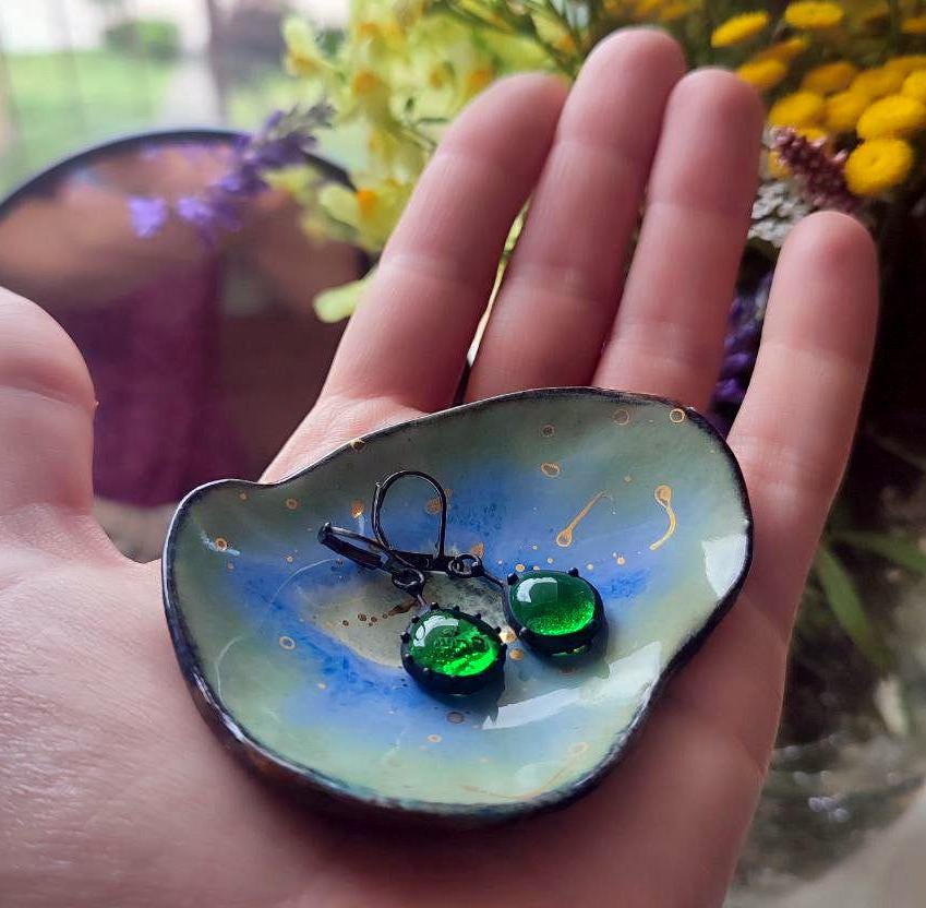 Dark Green Stained Glass Teardrop Earrings – Blackened Copper