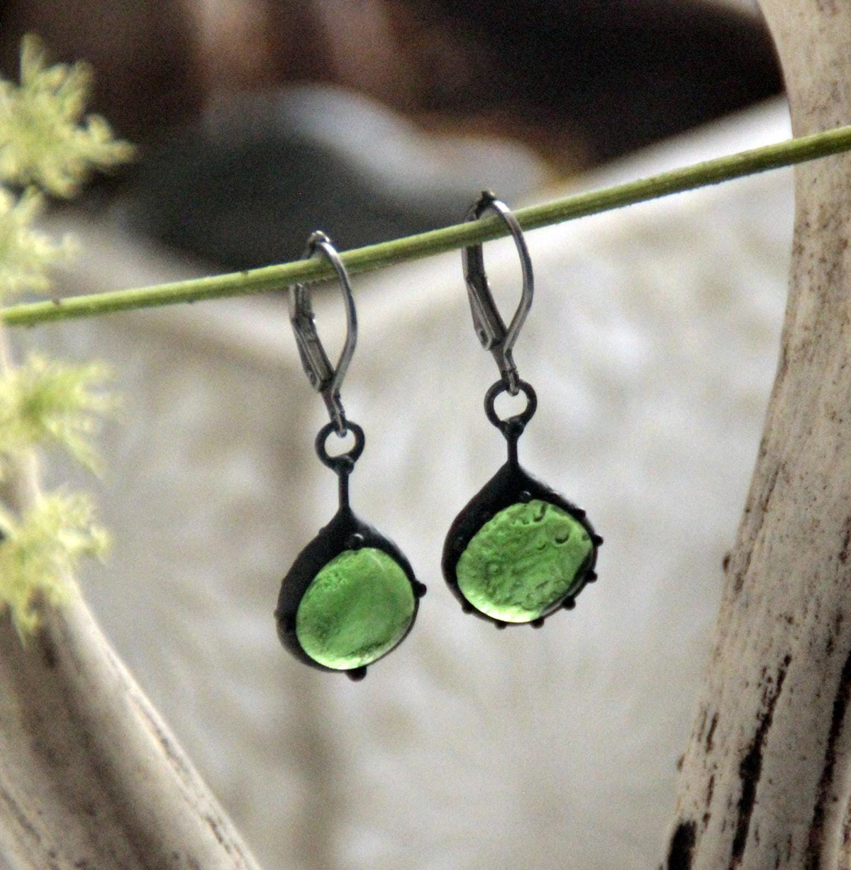 Dark Green Stained Glass Teardrop Earrings – Blackened Copper