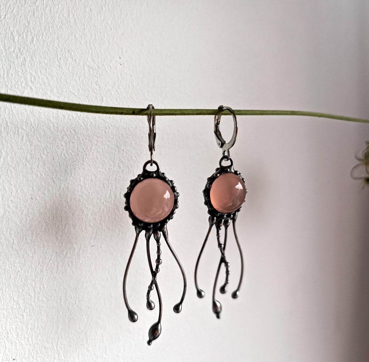 Rose Agate Jellyfish Earrings – Silver Tone