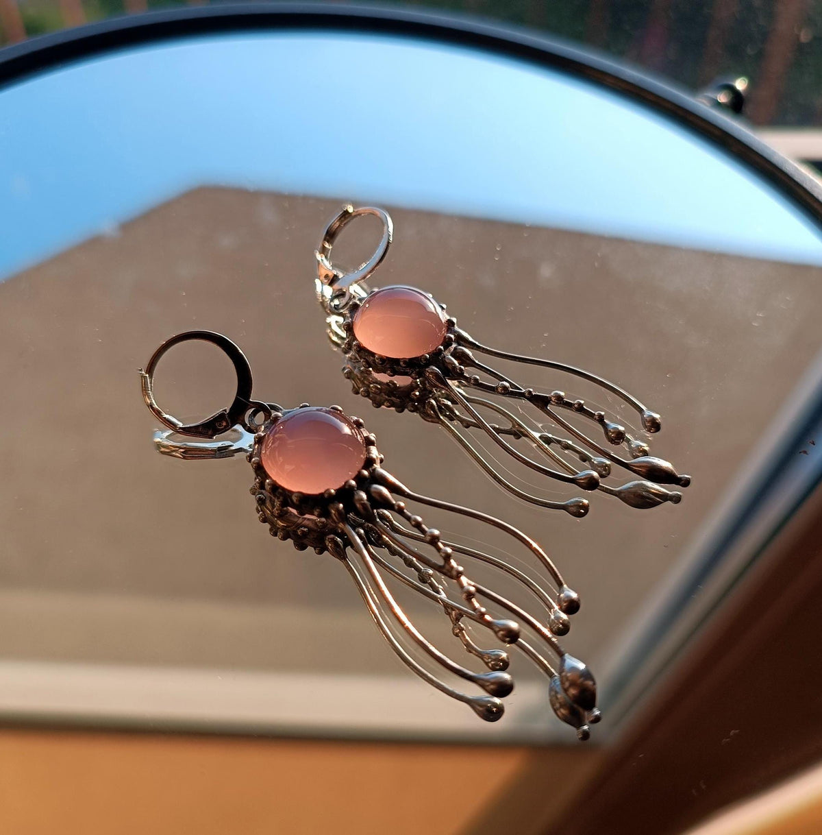 Rose Agate Jellyfish Earrings – Silver Tone