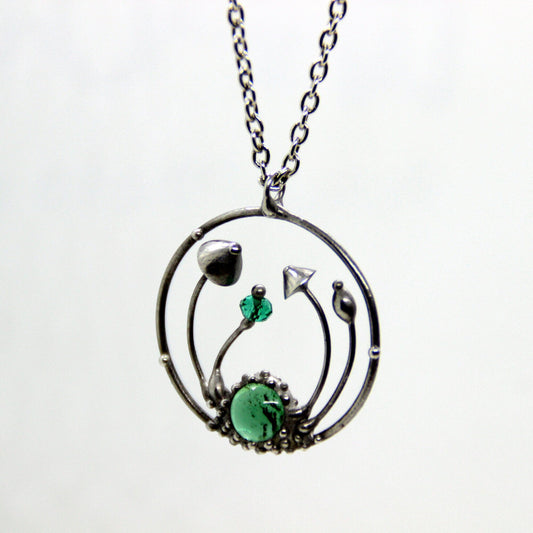 Green Glass Mushroom Necklace – Silver Tone Forest Pendant – Botanical Art Nouveau