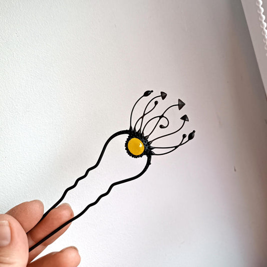 Yellow Glass Mushroom Hair Pin – Blackened Copper