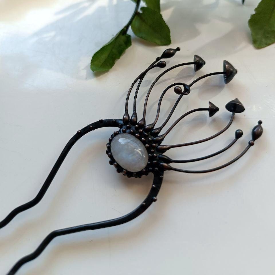 Moonstone Mushroom Hair Pin – Blackened Copper