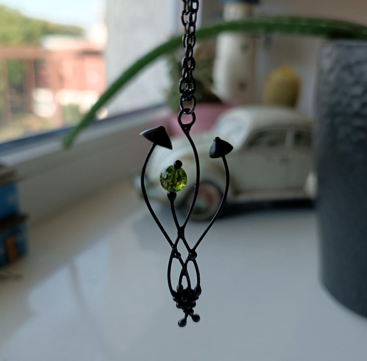Green Glass Mushroom Pendant Necklace – Blackened Copper & Pewter Forest