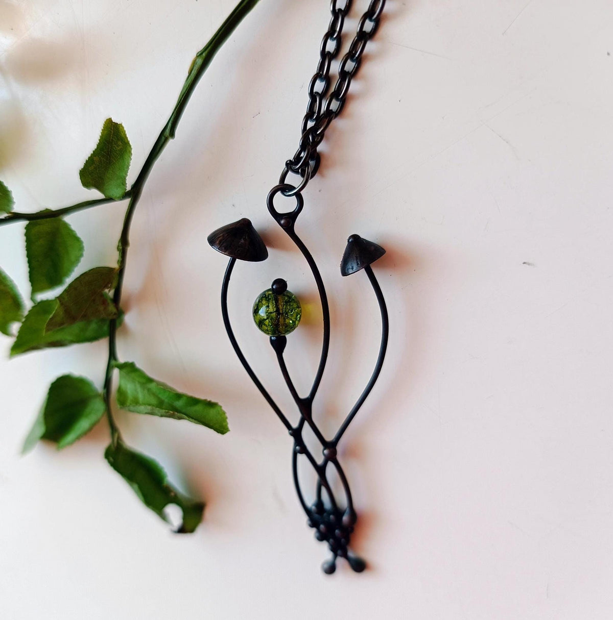 Green Glass Mushroom Pendant Necklace – Blackened Copper & Pewter Forest