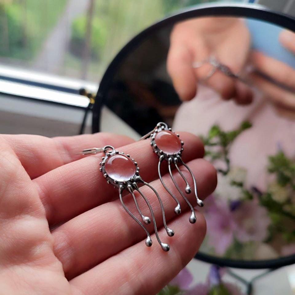 Watermelon Quartz Jellyfish Earrings – Silver Tone