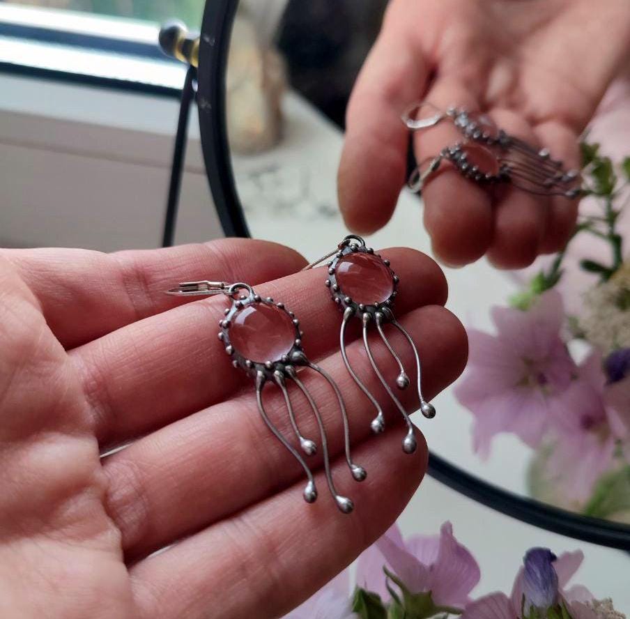 Watermelon Quartz Jellyfish Earrings – Silver Tone