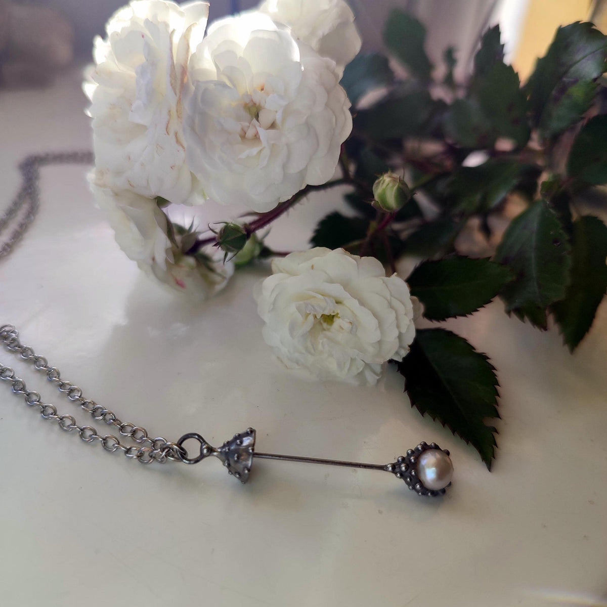 White Pearl Amanita Mushroom Necklace – Silver Tone