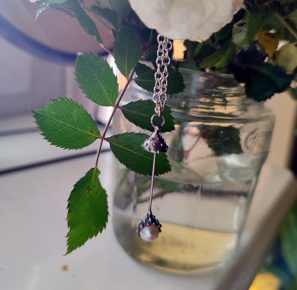 White Pearl Amanita Mushroom Necklace – Silver Tone