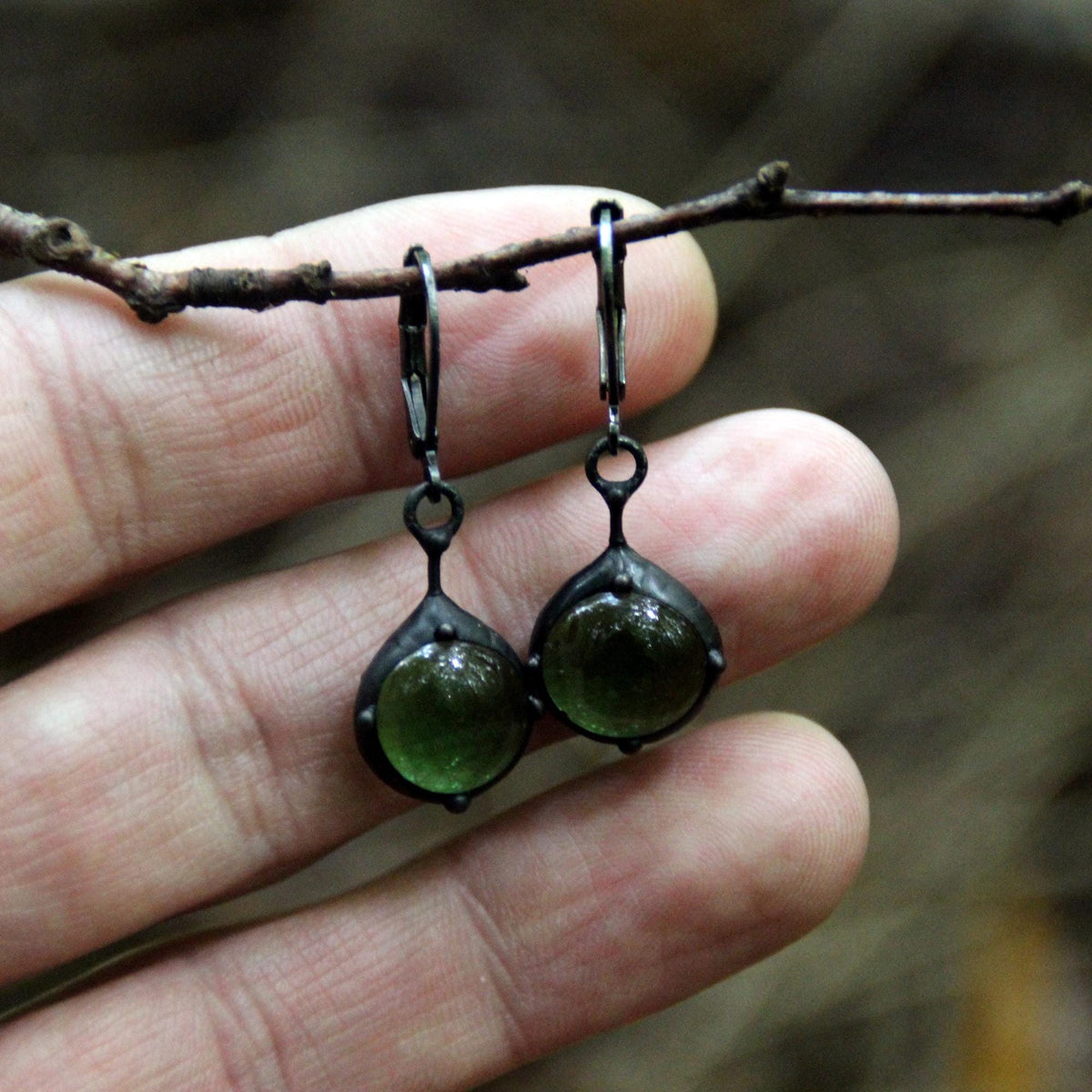 Green Stained Glass Suncatcher Earrings – Blackened Copper
