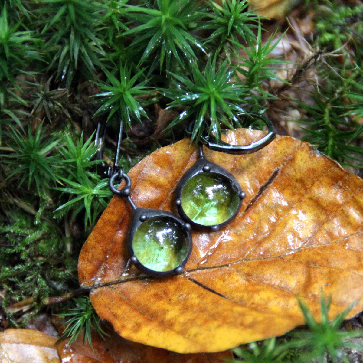 Green Stained Glass Suncatcher Earrings – Blackened Copper