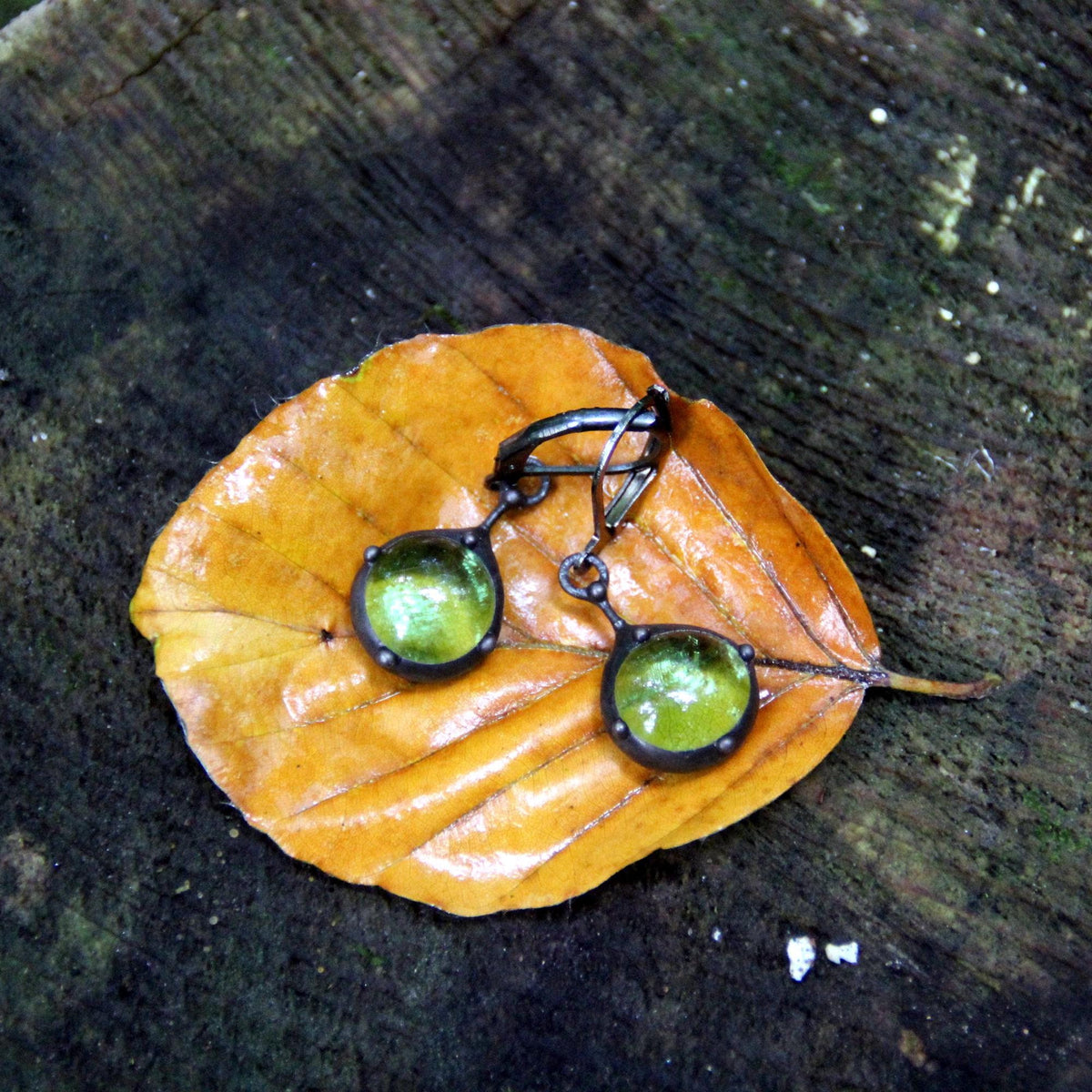 Green Stained Glass Suncatcher Earrings – Blackened Copper