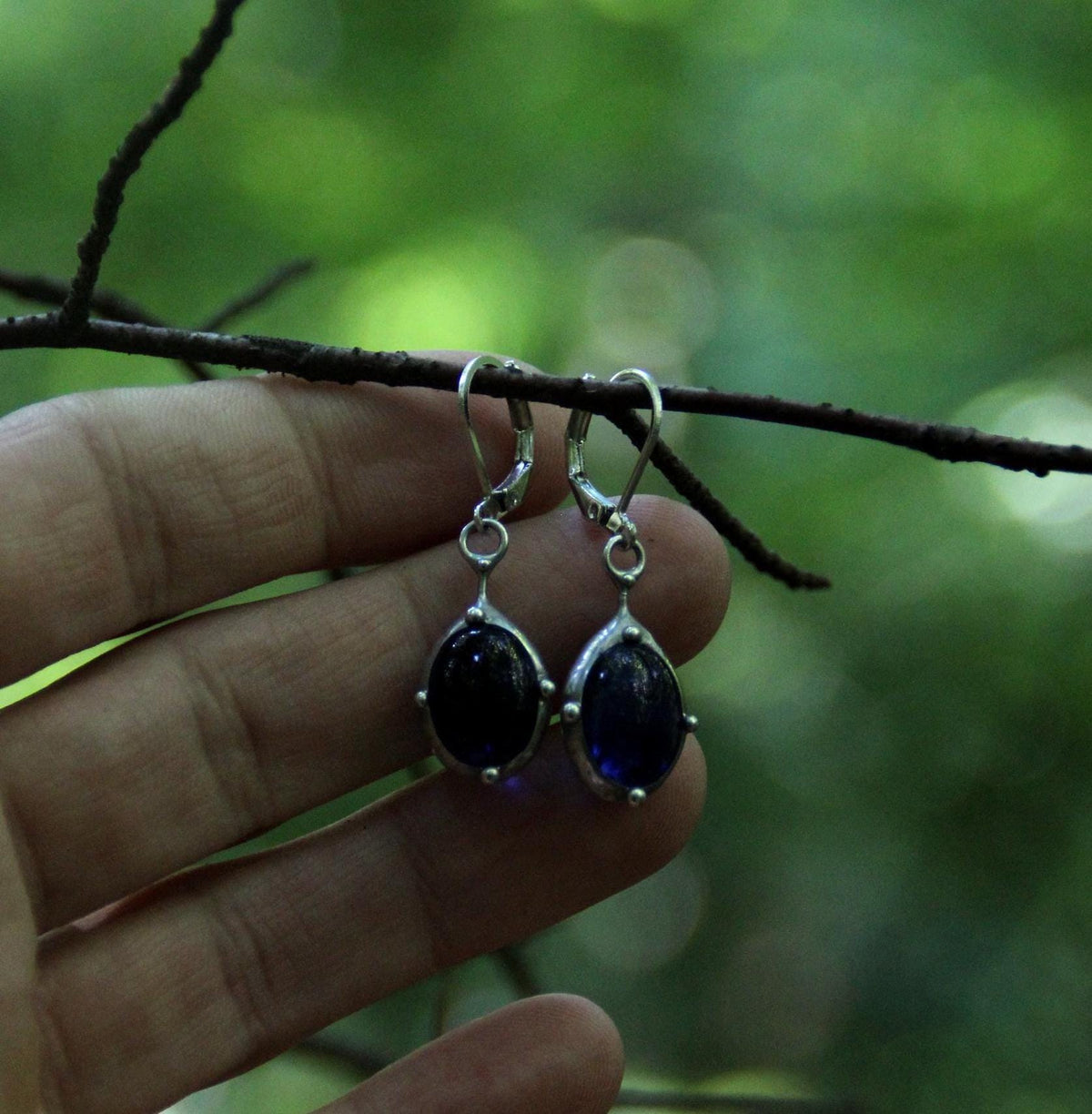 Blue Stained Glass Drop Earrings – Silver Tone