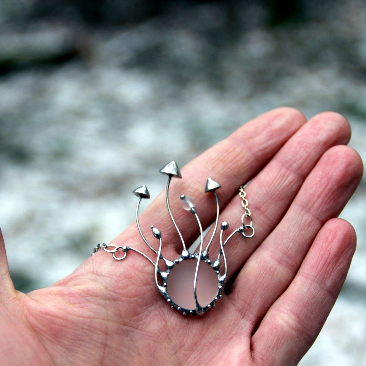 Frosted Glass Mushroom Necklace – Silver Tone