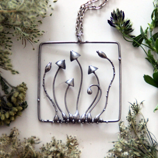 Silver Tone Mushroom Square Necklace